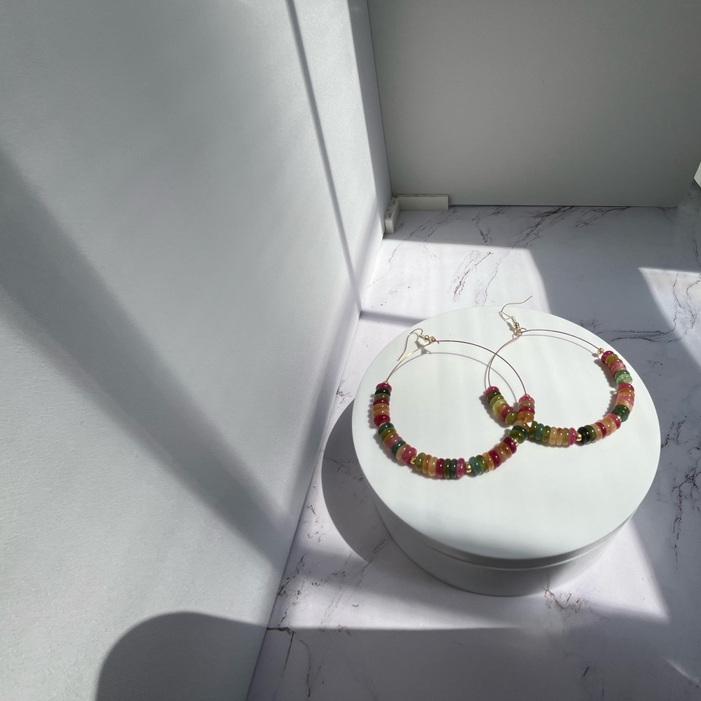 Handmade Watermelon Tourmaline Gemstone Beaded Hoop Earrings Boho - Picture 3 of 6